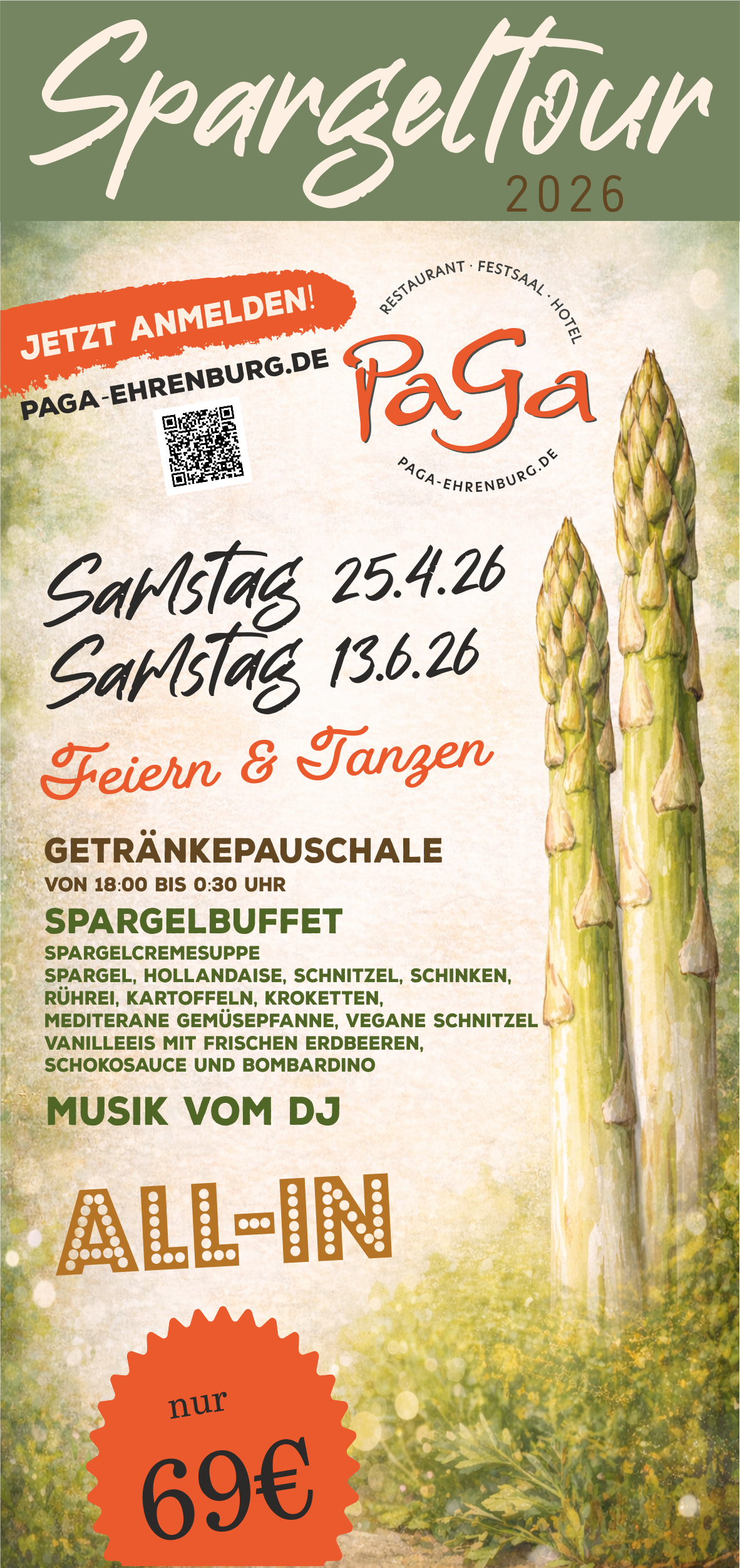 Flyer Spargelball 2026 Spargelball, Spargeltour, Spargelparty, Spargel, Party, Sulingen, Twistringen, Bassum, Bruchhausen-Vilsen, Barnstorf, Diepholz, Vechta, Ehrenburg